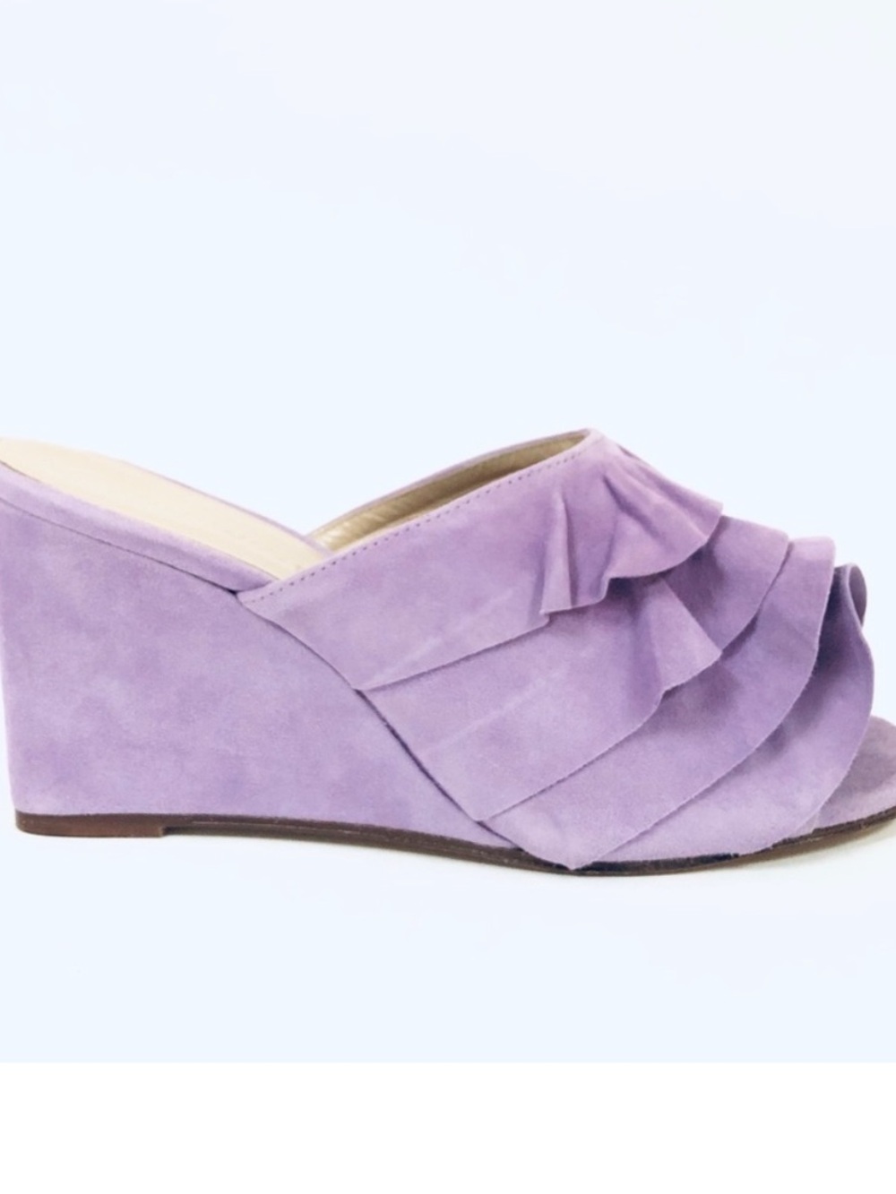 Creatures of Comfort Keira Ruffled Suede Wedge Slide Sandals Lilac EU 38 US 8